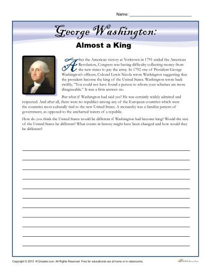 Washington's Birthday Printable Activity - Almost a King