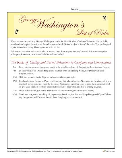 Washington's Birthday Printable Activity - List of Rules