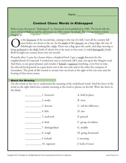 4th and 5th Grade Context Clues Worksheet Activity - Kidnapped