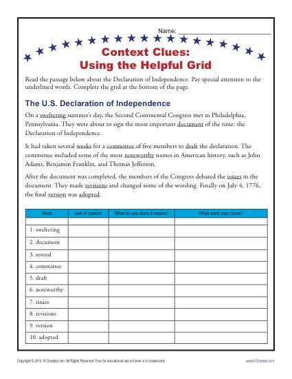 4th and 5th Grade Context Clues Worksheet - Using a Helpful Grid