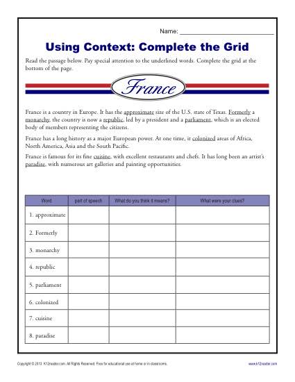 Context Clues Printable Activity - Complete the Grid