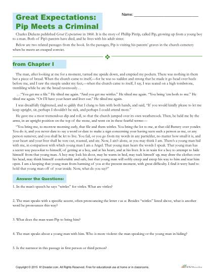 Great Expectations Reading Comprehension Worksheet - Pip Meets a Criminal