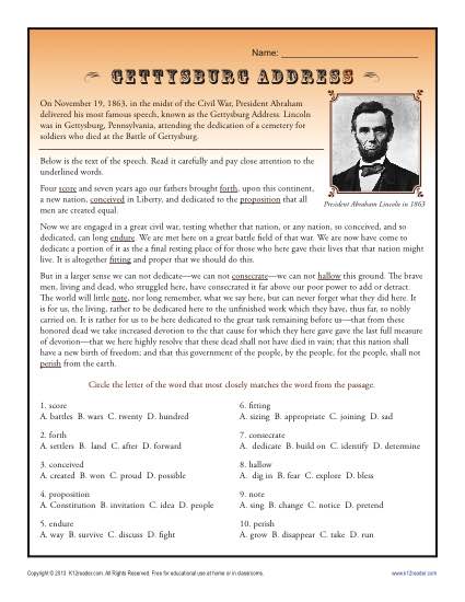 Free, Printable Gettysburg Address Worksheet