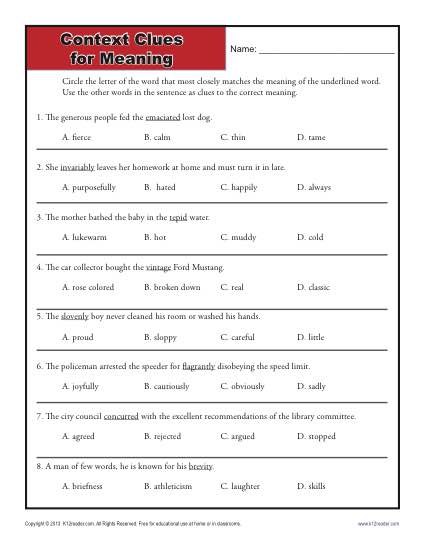 Free, Printable Context Clues Worksheet