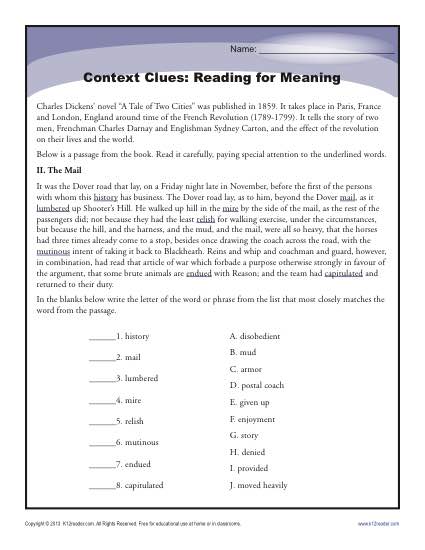 High School Context Clues Worksheet Activity - Reading for Meaning