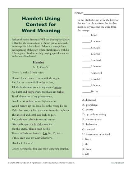 Using Context for Word Meaning Printable Activity - Hamlet
