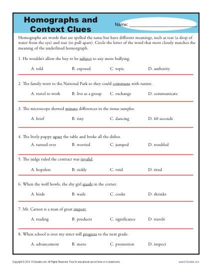 High School Homographs and Context Clues Worksheet Activity