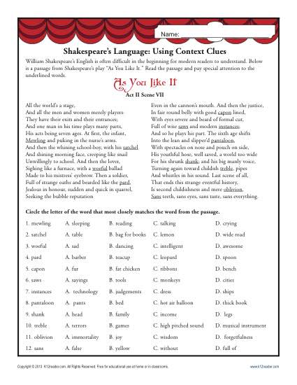 Shakespeare's Language - Middle School Context Clues Worksheet