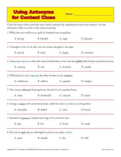 Using Antonyms For Context Clues - Free, Printable Worksheet Activity