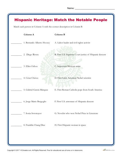 Hispanic Heritage Month Activity - Match the Notable People!