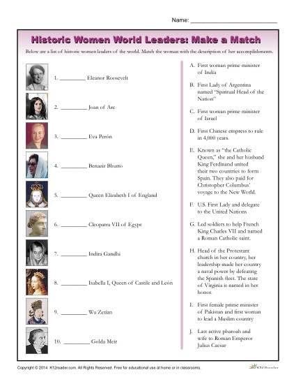 Make a Match Worksheet - Historic Women World Leaders