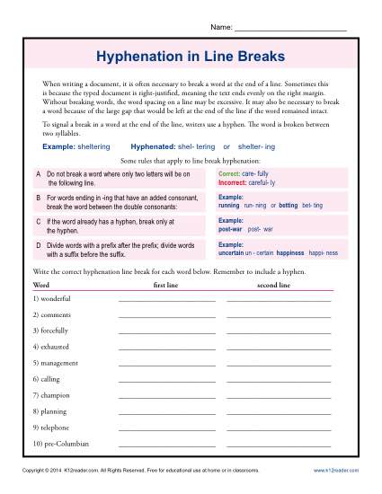 Hyphenation in Line Breaks Worksheet Practice Activity