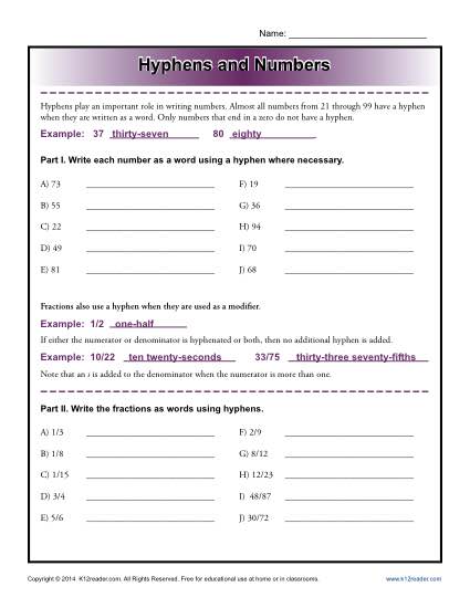 Hyphens and Numbers Worksheet Practice Activity