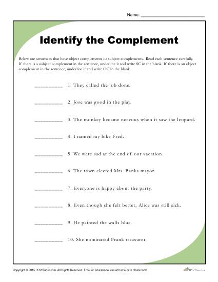 Identify the Complement - Printable Reading Worksheet