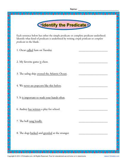 Predicate Worksheet Activity - Identify the Predicate