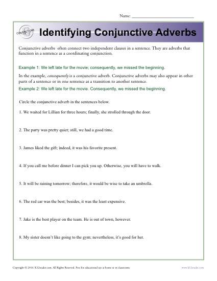 Identifying Conjunctive Adverbs Worksheet Activity