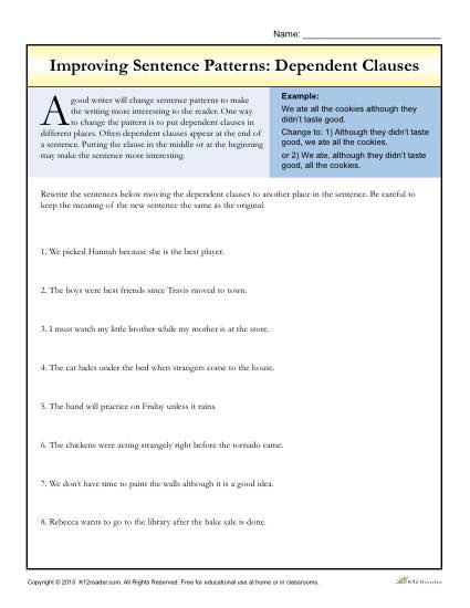 Improving Sentence Patterns Worksheet Activity: Dependent Clauses