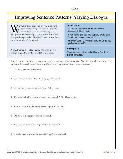 Improving Sentence Patterns Worksheet Activity: Varying Dialogue