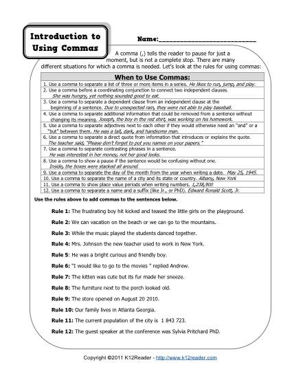 Using Commas - Free, Printable Comma Worksheet