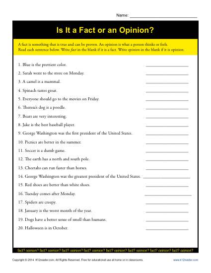 Fact and Opinion Worksheet Practice Activity
