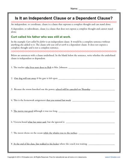 Independent Clause or Dependent Clause Worksheet Activity
