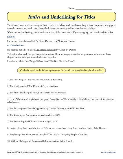 Italics and Underlining for Titles - Printable Worksheet Activity for Students