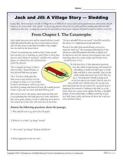 Jack and Jill Classic Literature Worksheet Activities: Sledding
