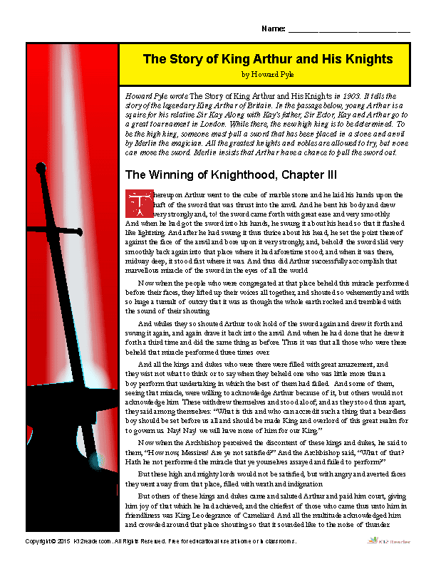 King Arthur and His Knights - Printable Reading Activity Worksheet Set