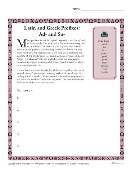 Greek and Latin Prefix Worksheet - Ad and Su