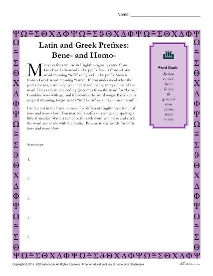 Greek and Latin Prefix Worksheet - Bene and Homo