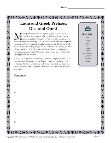 Greek and Latin Prefix Worksheet - Dia and Omni