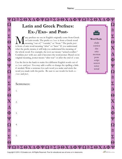 Greek and Latin Prefix Worksheet - Ex / Exo and Post