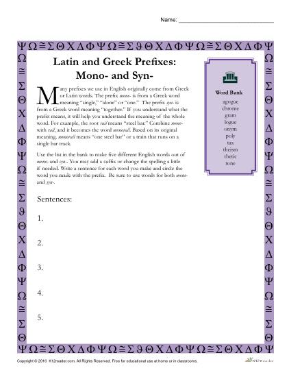 Greek and Latin Prefix Worksheet - MONO and SYN