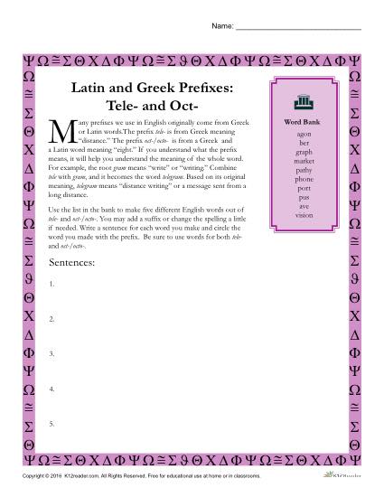 Greek and Latin Suffix Worksheet - TELE and OCT