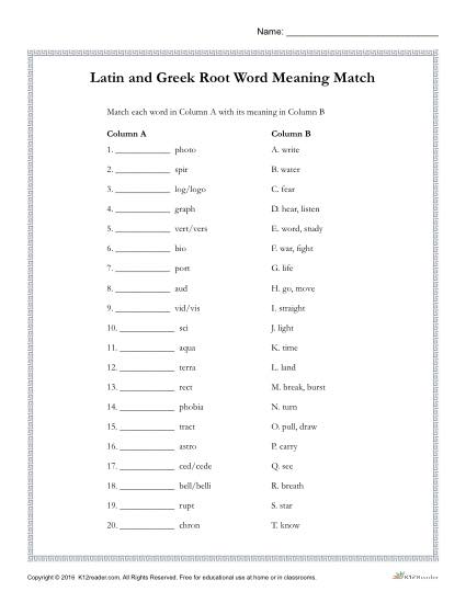 Latin and Greek Root Words - Meaning Match