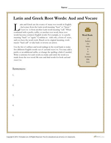 Latin and Greek Root Words Worksheet - Aud and Vocare