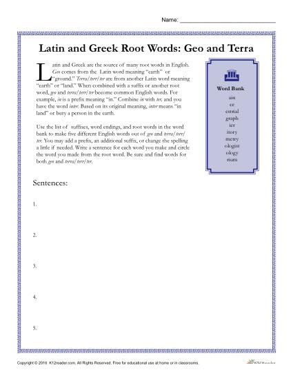 Latin and Greek Root Words Worksheet - Geo and Terra