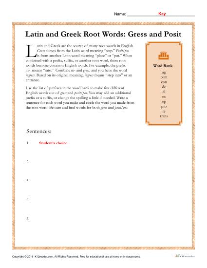 Latin and Greek Root Words Worksheet - Gress and Posit