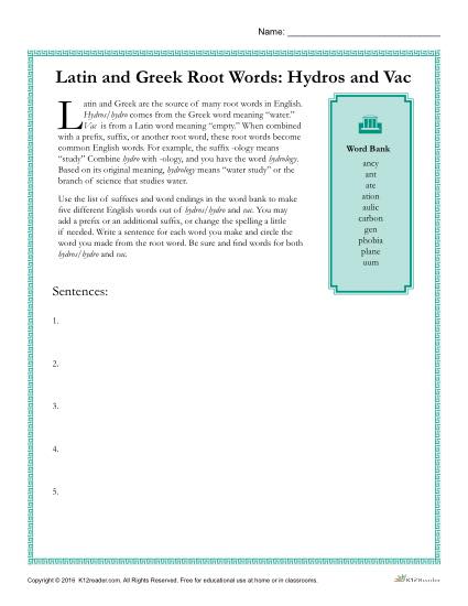Latin and Greek Root Words Worksheet - Hydros and Vac
