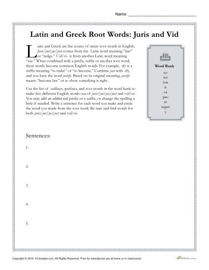 Latin and Greek Root Words Worksheet - Juris and Vid