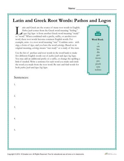 Latin and Greek Root Words Worksheet - Pathos and Logos