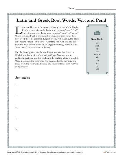Latin and Greek Root Words Worksheet - Vert and Pend