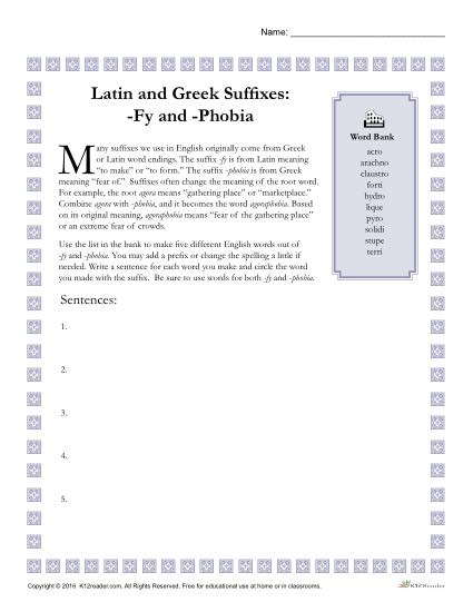 Greek and Latin Suffix Worksheet - FY and PHOBIA
