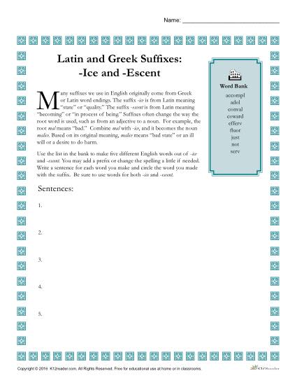 Greek and Latin Suffix Worksheet - ICE and ESCENT