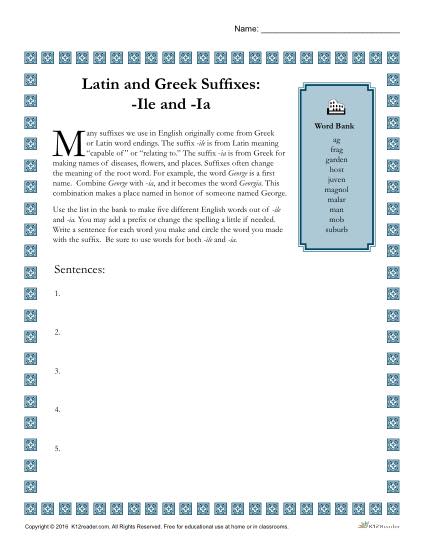 Greek and Latin Suffix Worksheet - ILE and IA