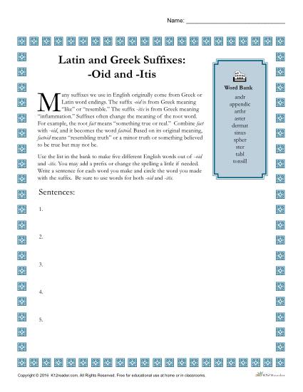 Greek and Latin Suffix Worksheets - OID and ITIS