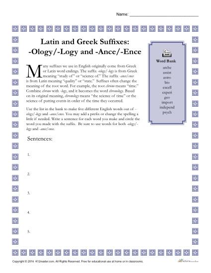 Greek and Latin Suffix Worksheet - OLOGY / LOGY and ANCE / ENCE