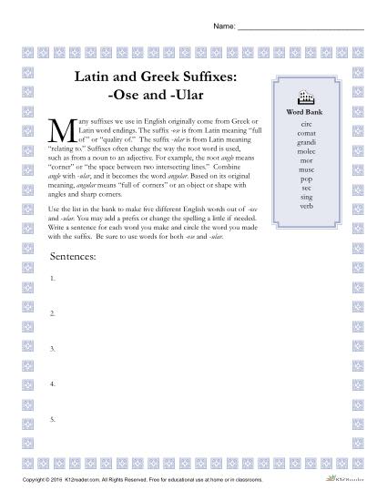 Greek and Latin Suffix Worksheets - OSE and ULAR