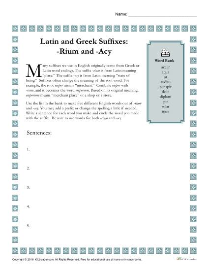 Greek and Latin Suffix Worksheets - RIUM and ACY