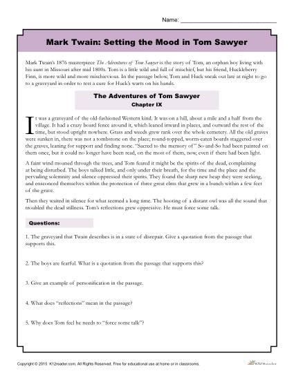 Tom Sawyer Reading Comprehension Activity - Setting the Mood